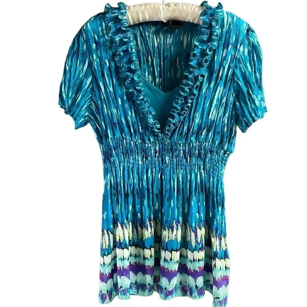 Nue Options Ladies Ruffled Crinkle Blouse with removeable Cami ,Size Large,Teals - Picture 2 of 7